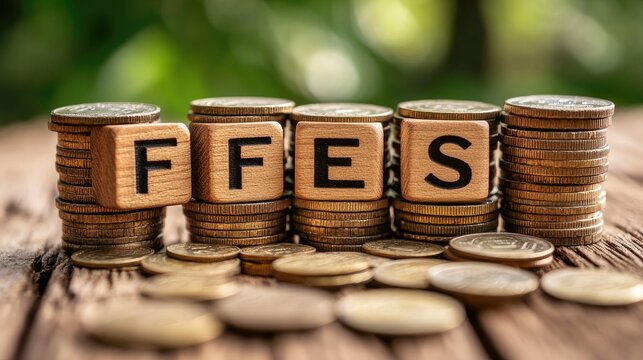 FFES  Financial Freedom with Coins, Wooden Blocks, and Nature.