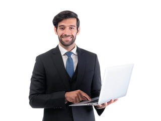 Confident businessman in formal suit holding laptop and smiling, isolated on a transparent background, professional male office worker using computer for business, technology and corporate concept