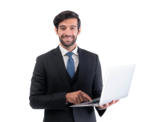 Confident businessman in formal suit holding laptop and smiling, isolated on a transparent background, professional male office worker using computer for business, technology and corporate concept