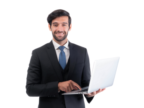 Confident businessman in formal suit holding laptop and smiling, isolated on a transparent background, professional male office worker using computer for business, technology and corporate concept