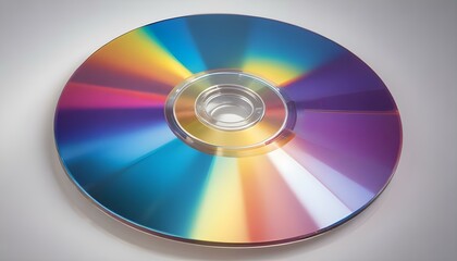 A colorful and reflective compact disc is shown with rainbow light and circular design.