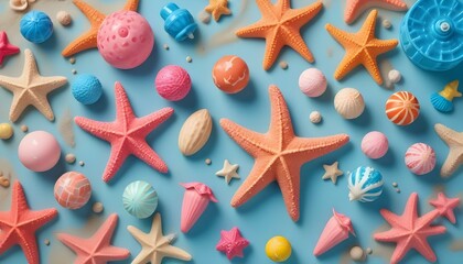 An overhead shot of colorful starfish, balls, and beach elements scattered on blue.