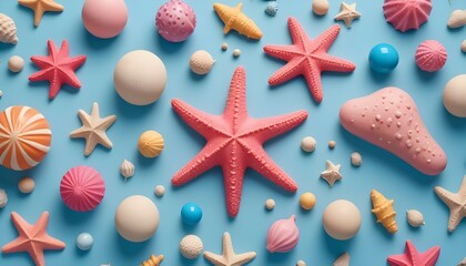 Colorful starfish and various sea-themed ornaments arranged on a pastel blue surface.
