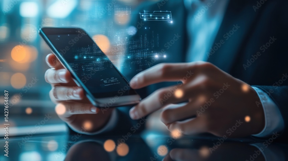 Aufkleber modern business professional using a smartphone with data overlay
