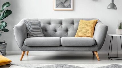 Stylish gray loveseat with mustard yellow accents in a modern living room.