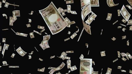 Falling Japanese Yen banknotes on black background