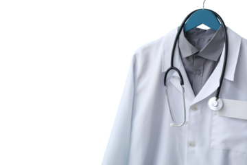 A white lab coat and stethoscope on a blue hanger symbolize medical professionals' dedication, isolated on white, PNG