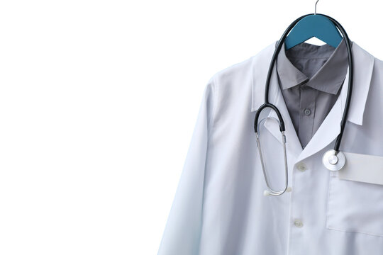 A white lab coat and stethoscope on a blue hanger symbolize medical professionals' dedication, isolated on white, PNG - Powered by Adobe