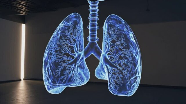 CGI illustration of the human respiratory system with glowing lungs, visualizing the process of breathing and lung function in the human body.
