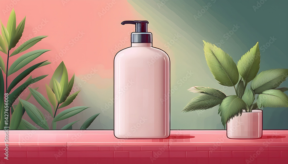 Poster minimalist bottle with plants on a colorful background