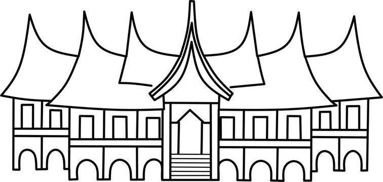 Minang traditional house vector illustration design template elements, indonesian ancient architecture, rumah adat gadang line art style