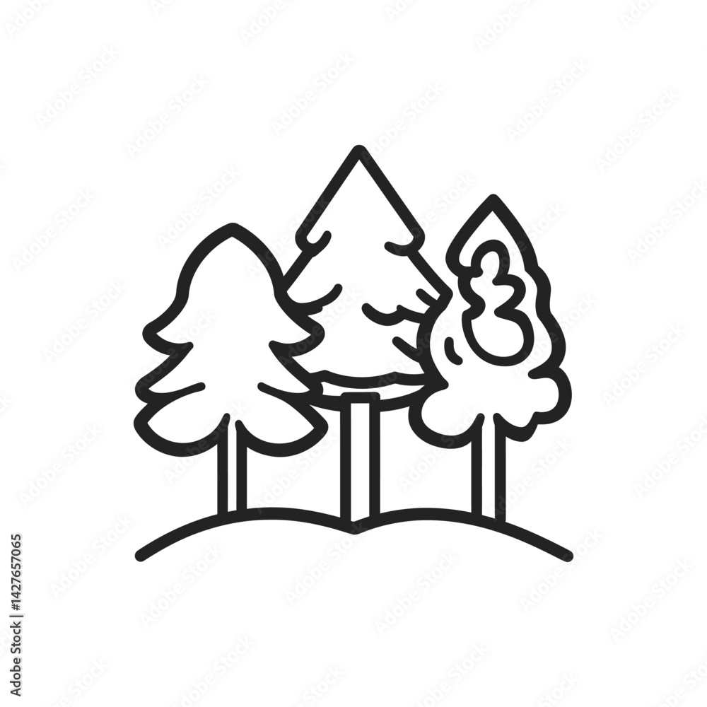 Poster three evergreen trees line art on a hill with transparent background design