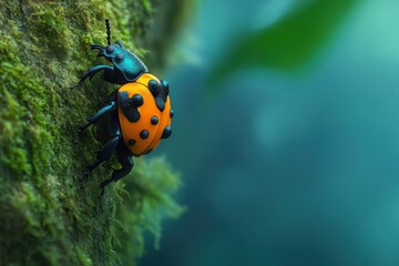 Fototapeta premium Close-up of a vibrant orange and black beetle on moss-covered bark.