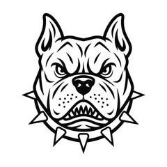 Aggressive Pitbull Head Black Line Vector Illustration with Spiked Collar on White Background

