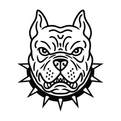 Aggressive Pitbull Head Black Line Vector Illustration with Spiked Collar on White Background
