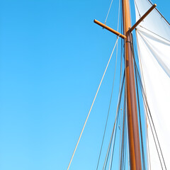 Wooden mast and white sail on the blue sky background