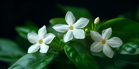Close-up of White Jasmine Flowers, Group of White Jasmine Flowers on Green Leaves, Beautiful White Jasmine Blossoms in Nature

