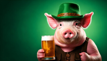 Pig Holding Beer on Green Gradient Background style 01