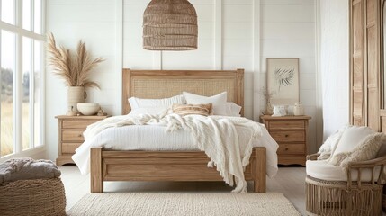 Coastal bedroom, rattan furniture, sunlight, calm