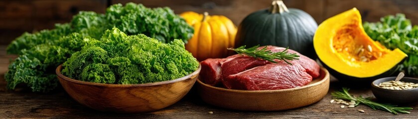 Panorama of fresh pet food featuring uncooked healthy fodder concept. Fresh vegetables and organic meat arranged for a healthy meal.