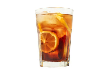 A chilled glass of iced tea filled with ice and lemon slices, isolated on white, PNG