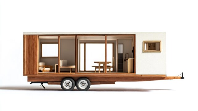 Miniature model of a modern tiny house on wheels.  Interior features are visible
