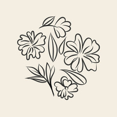 Elegant Black Line Art Floral Design with Leaves and Flowers