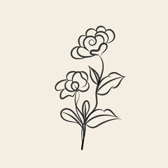 Obraz premium Elegant Black Line Art Floral Design Two Flowers Stem Leaves