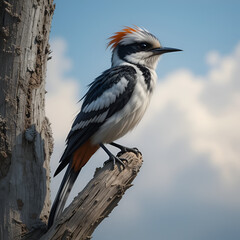 Pin-tailed whydah perched on the weathered tree on the background of the sky