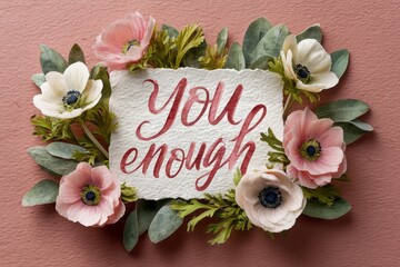 Handcrafted Floral Arrangement with Inspiring Quote You Are Enough on Textured Background