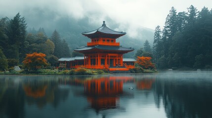 Obraz premium Serene Temple Reflection: A Misty Morning in Japan