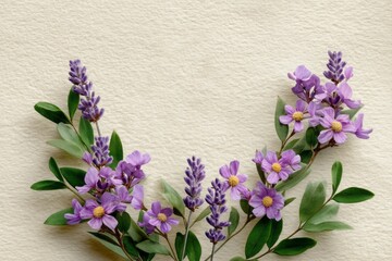 Delicate Arrangement of Purple Flowers on Soft Textured Background with Green Leaves
