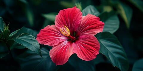 Close-up of Red Hibiscus Flower with Green Leaves, Bright Red Hibiscus Flower in Full Bloom, Beautiful Hibiscus Flower Growing in Nature

