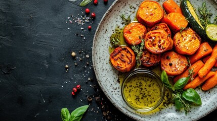 Roasted sweet potatoes and carrots with herbs and dressing.