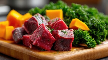 Panorama of fresh pet food in raw and uncooked concept. Fresh meat and vegetables arranged on a wooden cutting board.