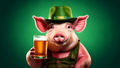 Pig Holding Beer on Green Gradient Background style 02