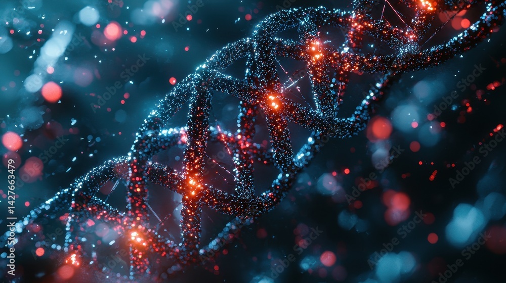 Poster abstract representation of dna structure with glowing elements and vibrant colors.