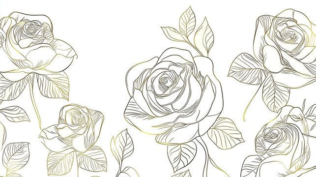 Elegant seamless gold rose line art pattern on a white background, featuring simple flat design in minimalistic linear vector style for high-resolution digital use. 