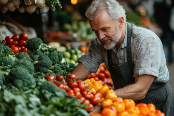 Senior man selecting fresh vegetables at farmer's market with focused expression outdoors
