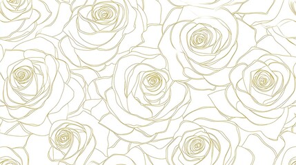 Seamless rose pattern with soft gold line art on white background, showcasing delicate floral outlines in a romantic and elegant vector illustration ideal for print-on-demand designs.