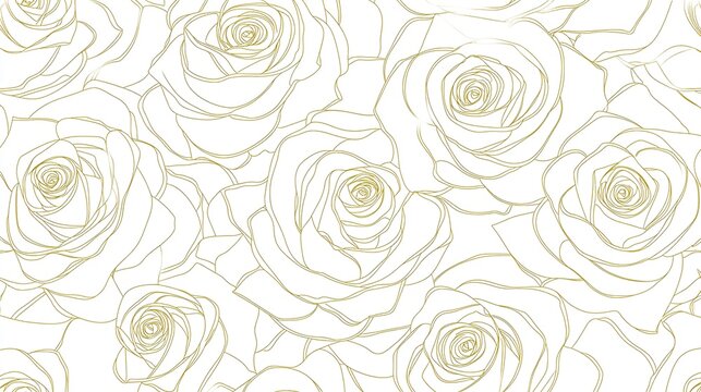 Seamless rose pattern with soft gold line art on white background, showcasing delicate floral outlines in a romantic and elegant vector illustration ideal for print-on-demand designs.