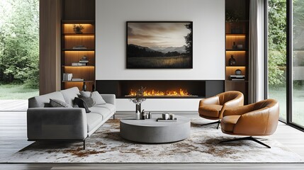 Mid-century modern living room with brown leather chairs, grey sofa, and fireplace for cozy interior design
