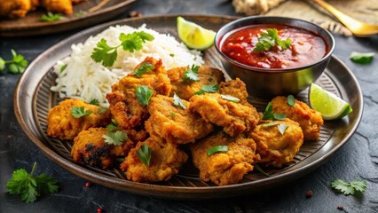 Crunchy chicken pakora on a plate with tangy chutney and basmati rice