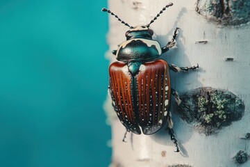 Colorful beetle clinging to a birch tree trunk.