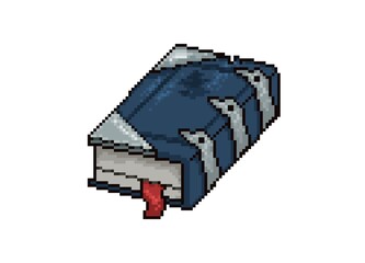 Pixel art of a closed, dark blue hardcover book with metallic corner accents, three silver clasps along the spine and a red bookmark. for fantasy games, apps, or creative digital assets, game asset.