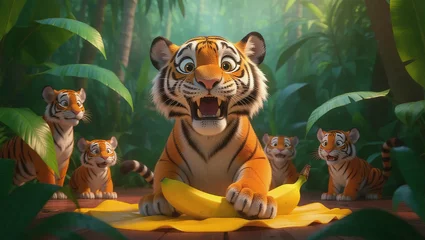  A joyful scene of cartoon tiger cubs in a vibrant jungle setting. © eno