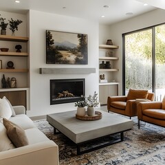 Elevate your brand with a cozy mid-century interior featuring leather chairs and a modern fireplace setup
