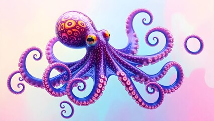 Fototapeta premium A stylized, 3D illustration of an octopus with vibrant purple and pink colors and a unique abstract design.
