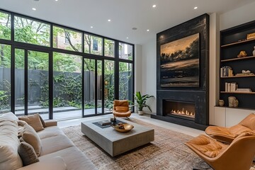 Elevate your brand with a cozy mid-century interior featuring leather chairs and a modern fireplace setup
