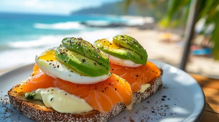 toast with avocado, sliced salmon, and egg. toast. avocado. salmon. egg